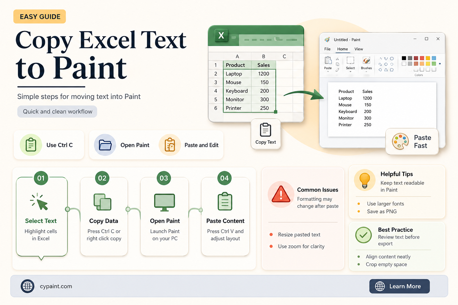 can you copy text from excel to paint