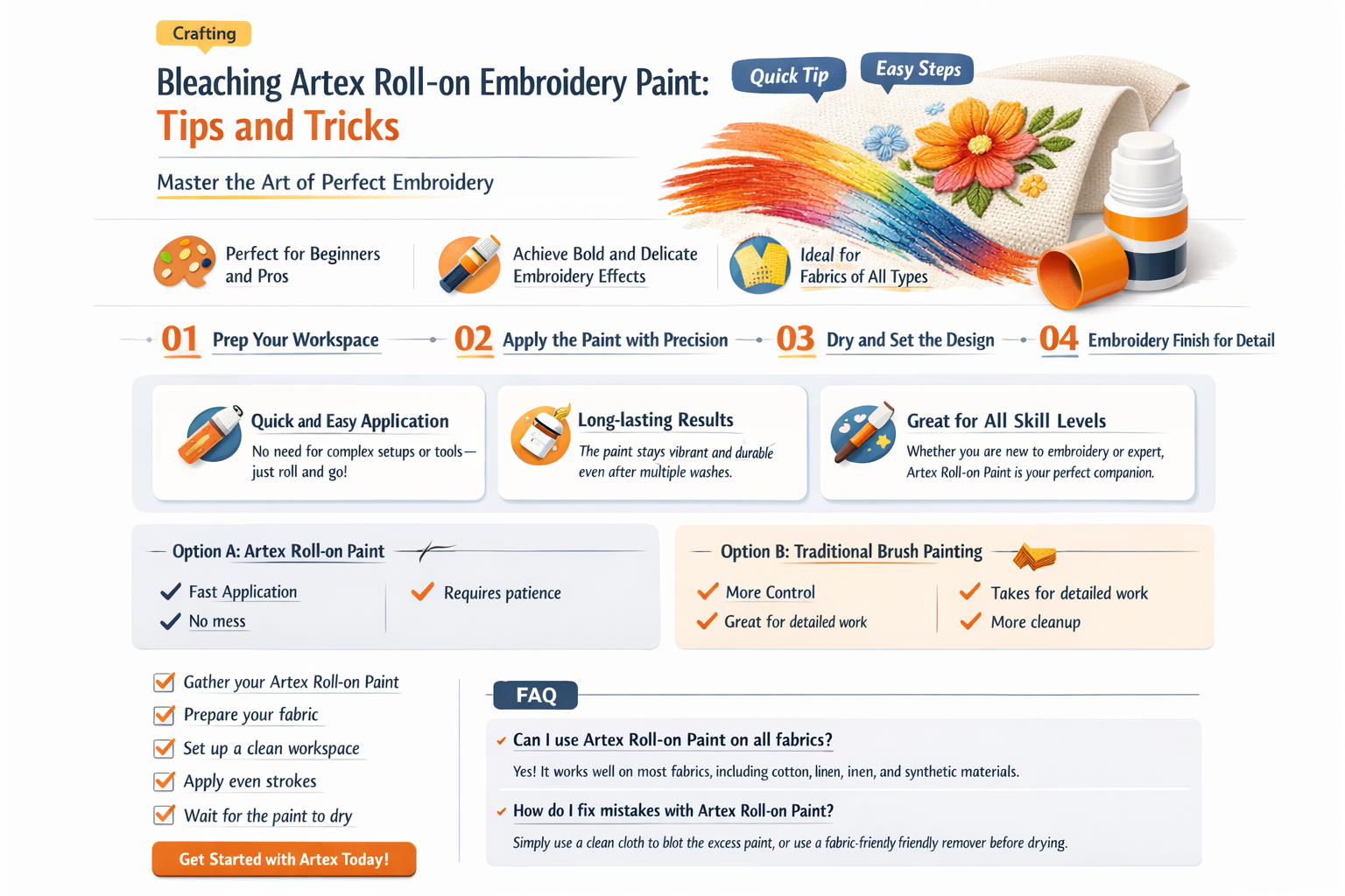 can i bleach artex roll-on embroidery paint directions