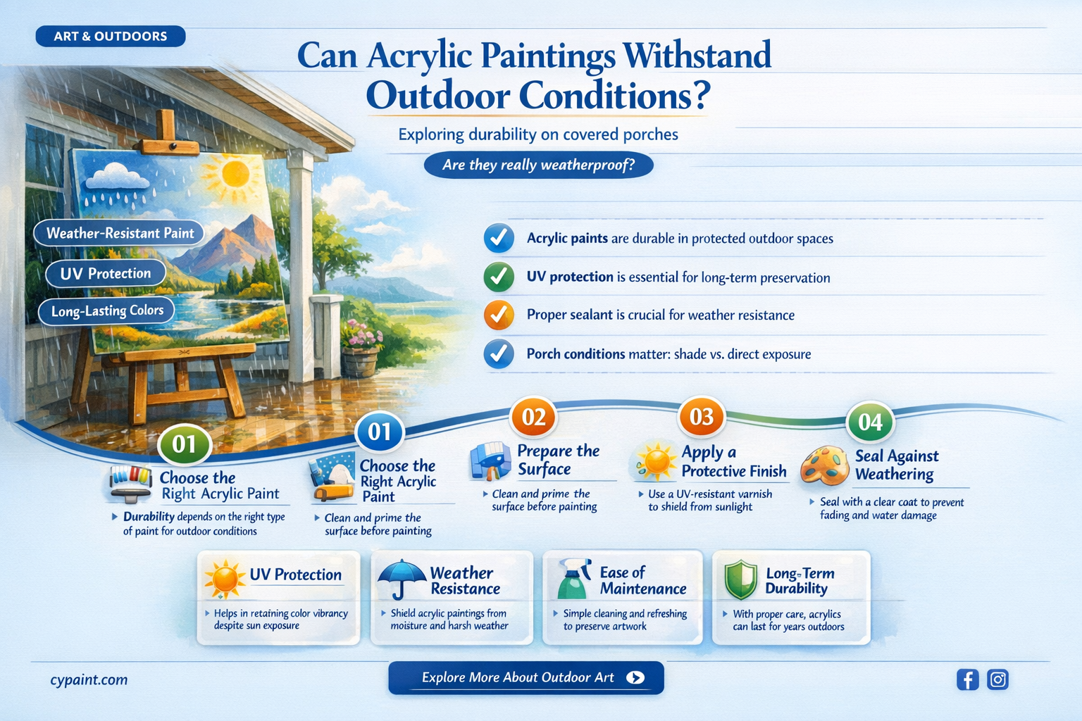 can an acrilic painting hang outside on a covered porch