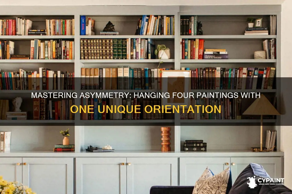 how to hang four paintings when one is different orientation