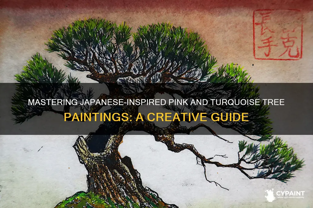 how to japanese tree pink turqouise painting