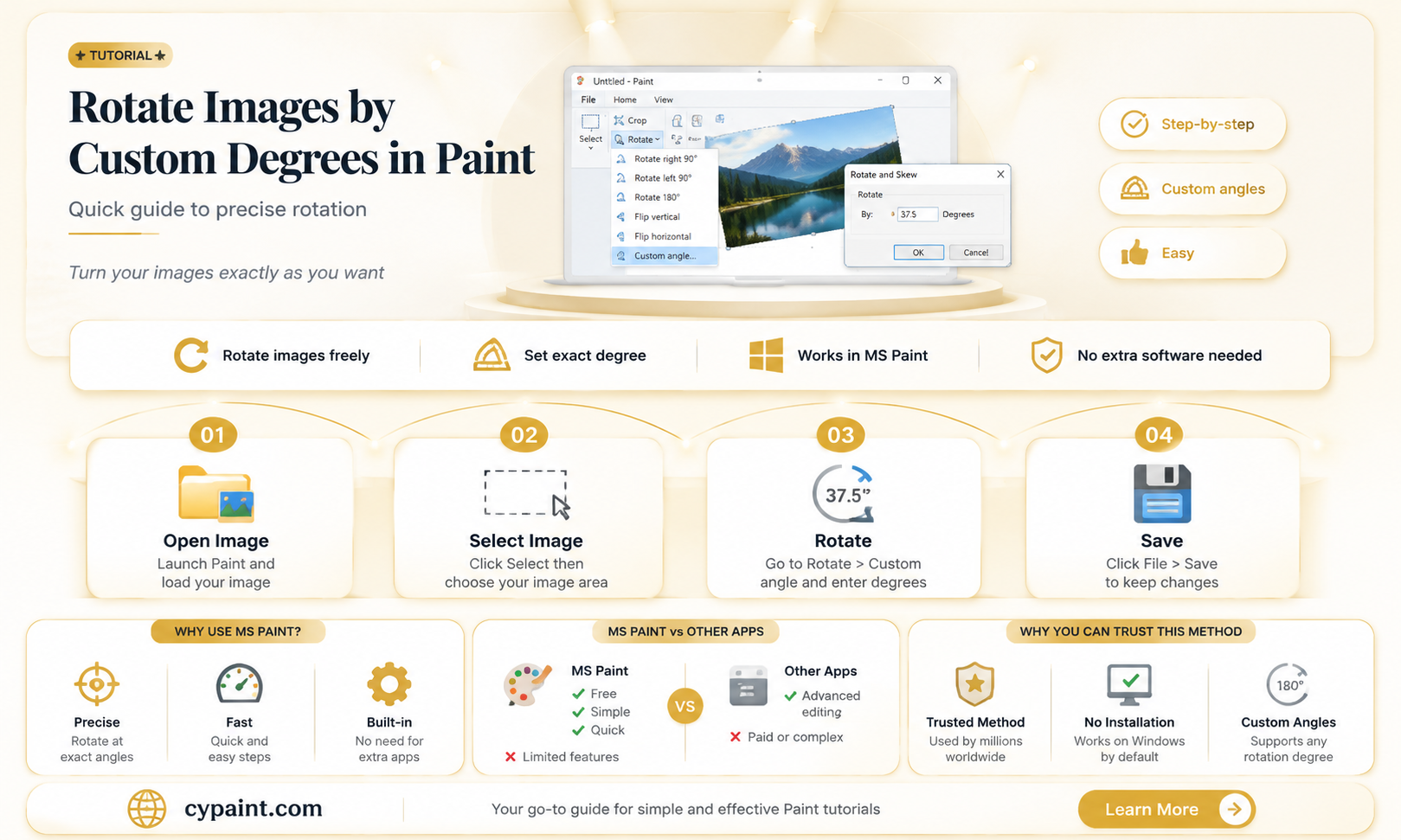 can i rotate a custom number of degrees in paint