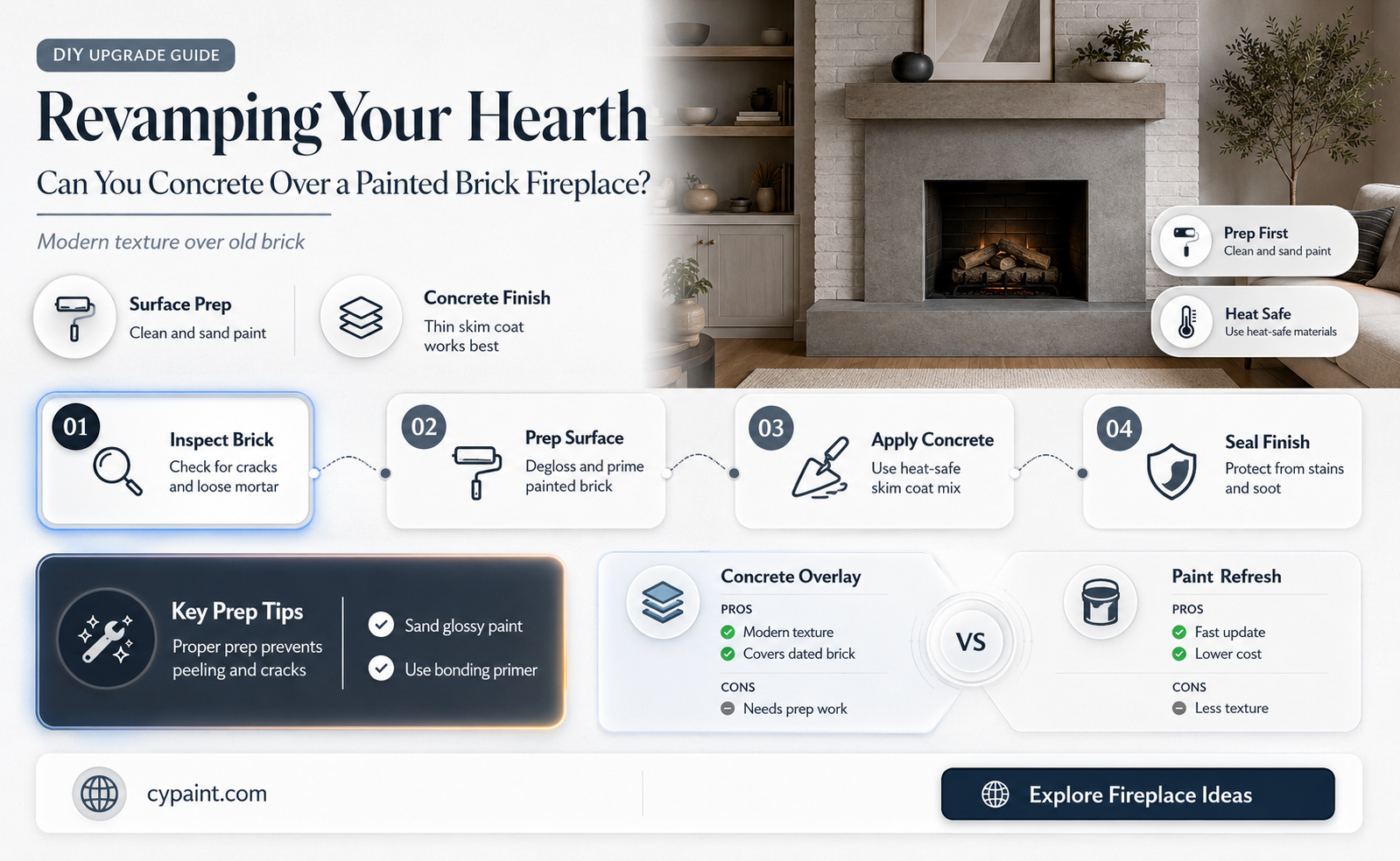 can you concrete over a painted brick fireplace