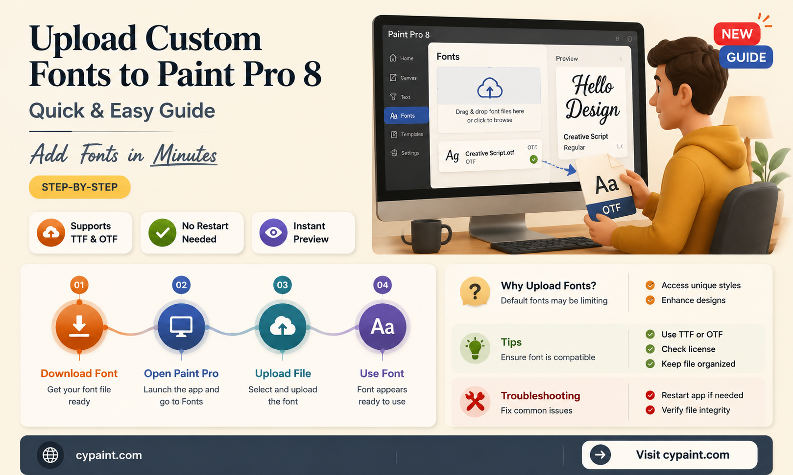 can i uplode my own font to paint pro 8