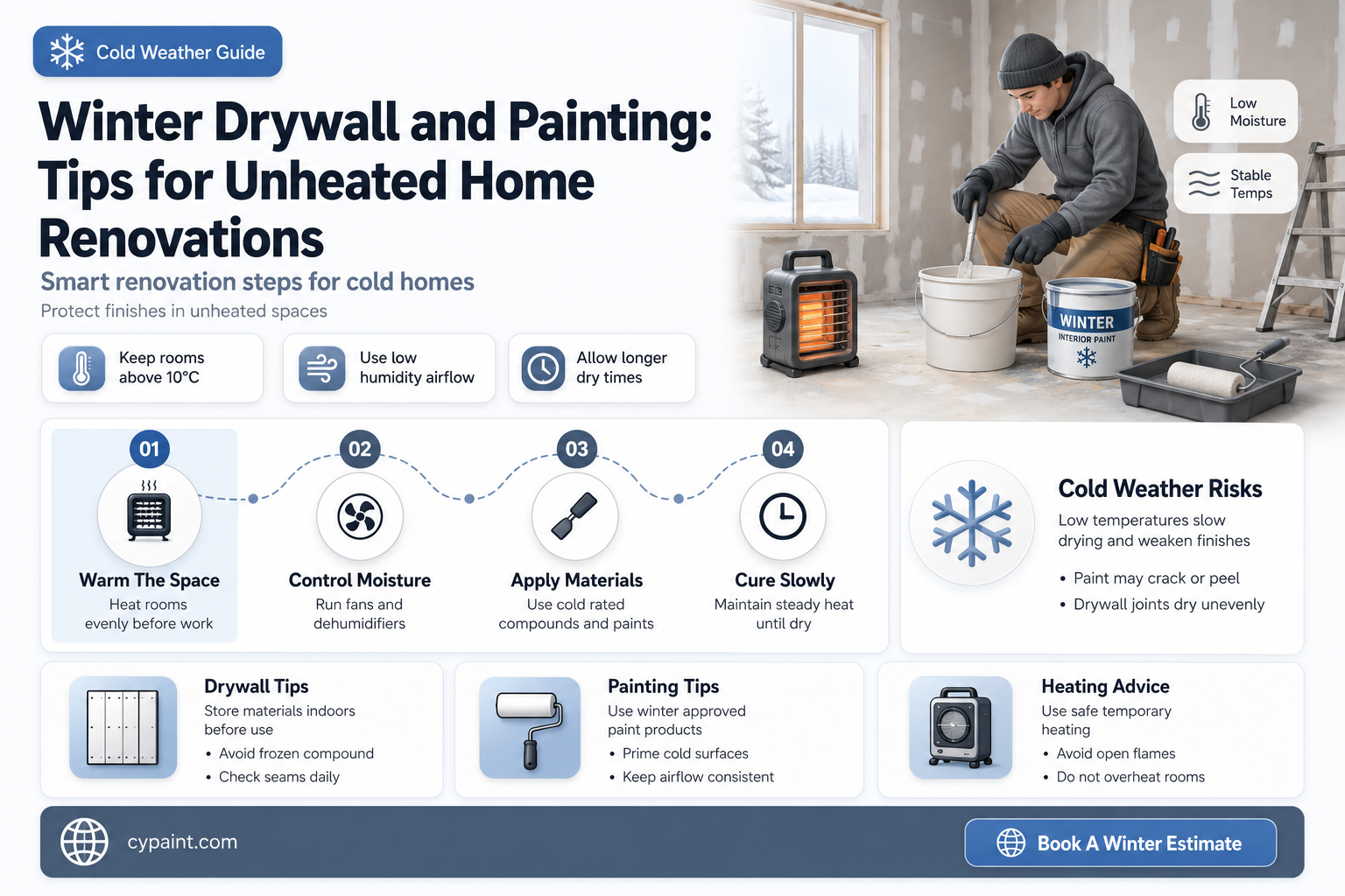 can you drywall and paint in unheated home in winter